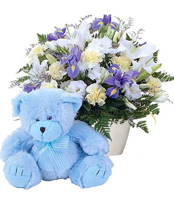 Ceramic pot with flowers and teddy for boy