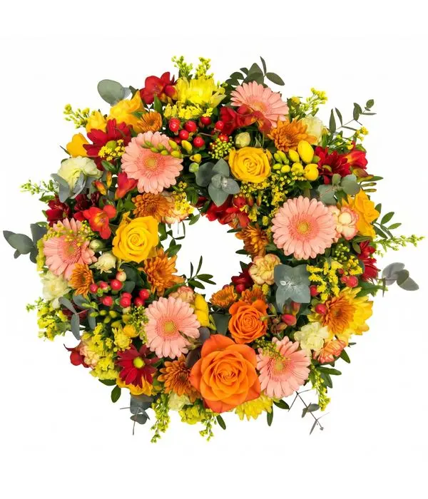 Traditional May Day Flower Wreath "Spring Blossom" with Colorful Gerberas, Roses & Mums