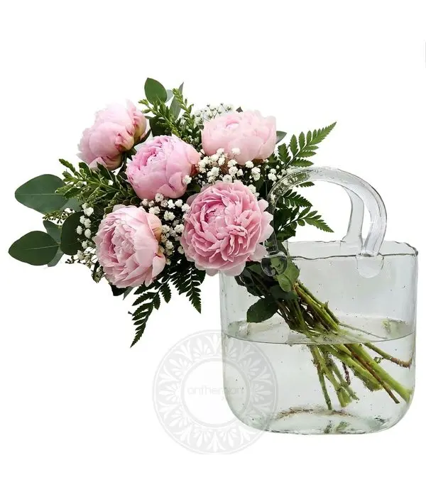 Pink Peonies Bouquet in Modern Glass Bag Vase