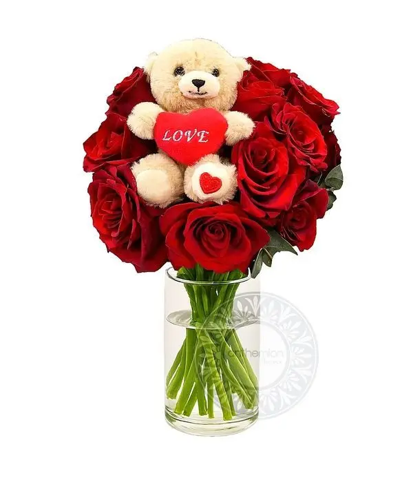 Love Bouquet with Roses and Teddy Bear | WITHOUT THE VASE