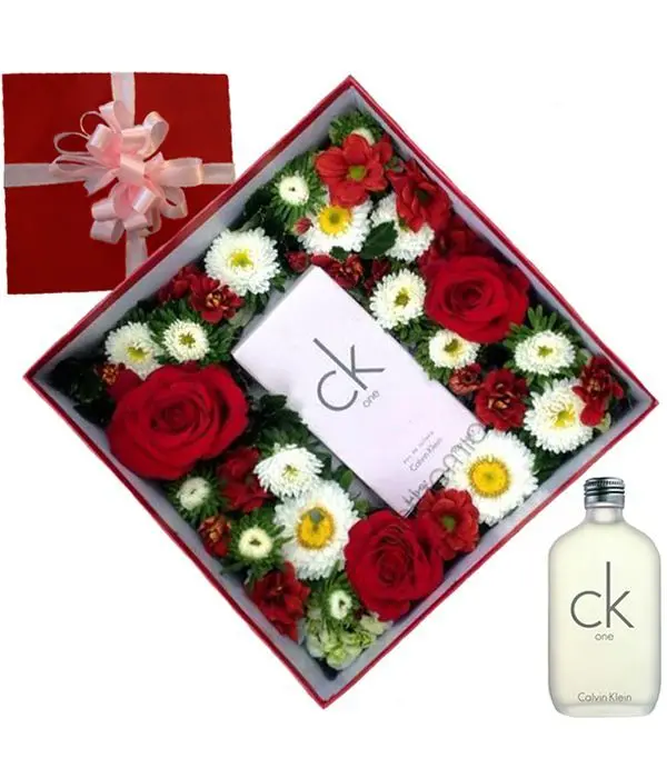 White and red flowers with Calvin Klein perfume