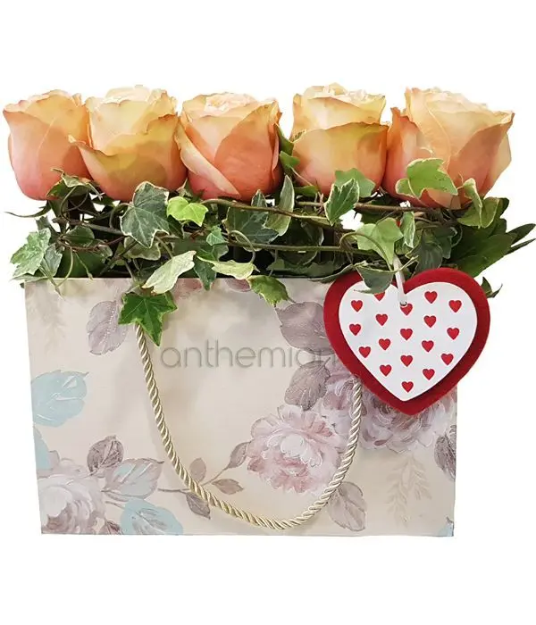 Peachy roses in decorative bag