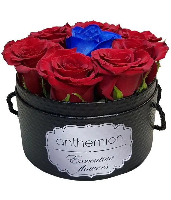 Gorgeous red and blue roses in black box