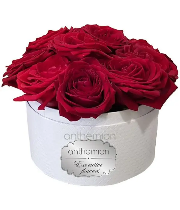 Classic red roses in white box