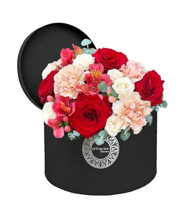 Red|pink flowers in black box