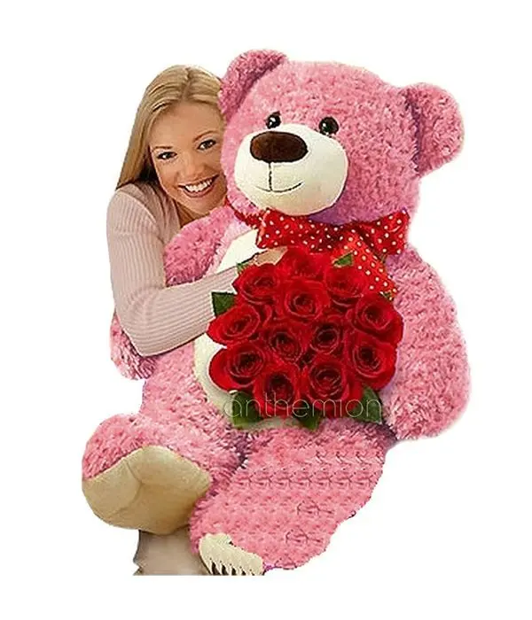 Red roses with pink teddy bear 60cm