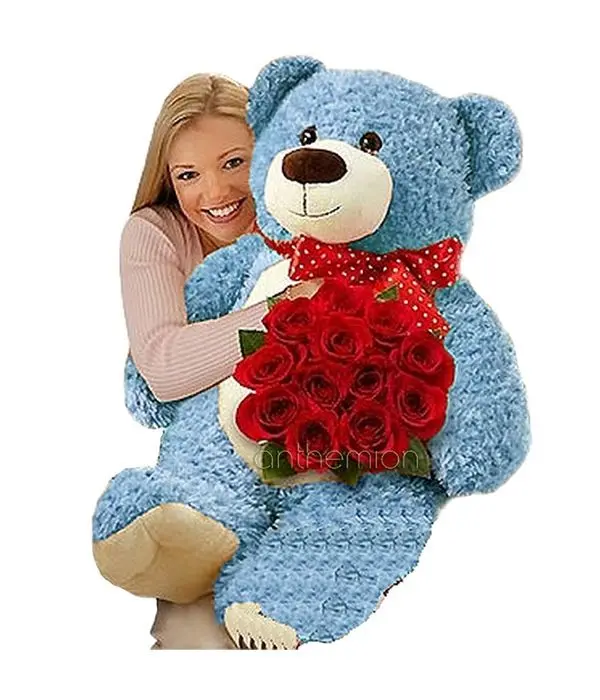 Red roses with light blue teddy bear 60cm