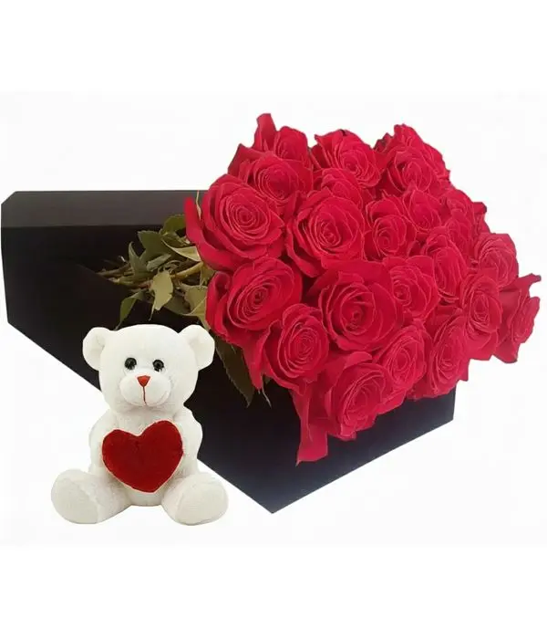 Gift box with 24 roses, teddy bear