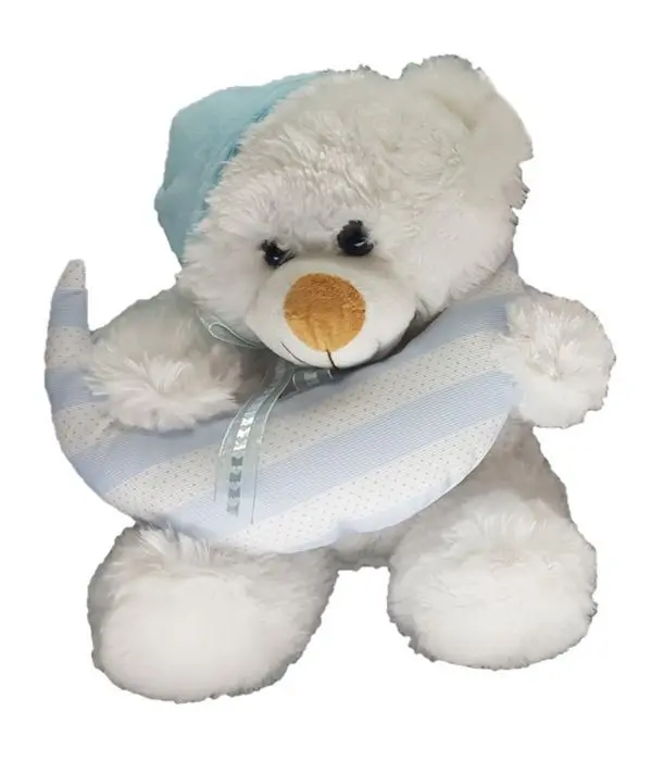 Blue teddy bear holding a moon 25cm