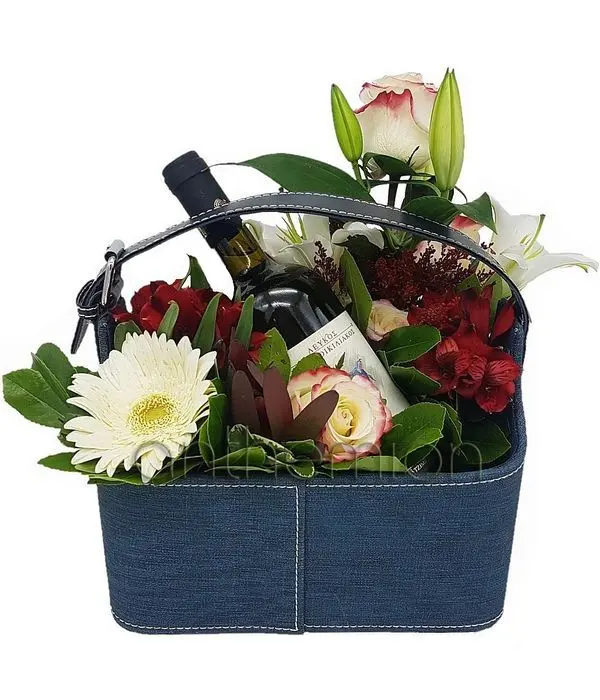 Blue-denim case with flowers and wine