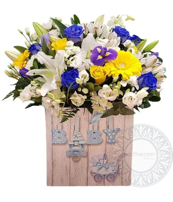 Flowers in box for newborn boy