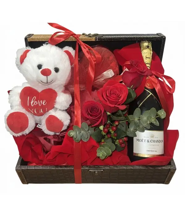 Big bottle of MOET with Teddy Bear and Red Roses in a chest box