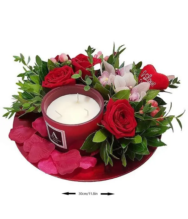 Tray with flowers and aromatic candle