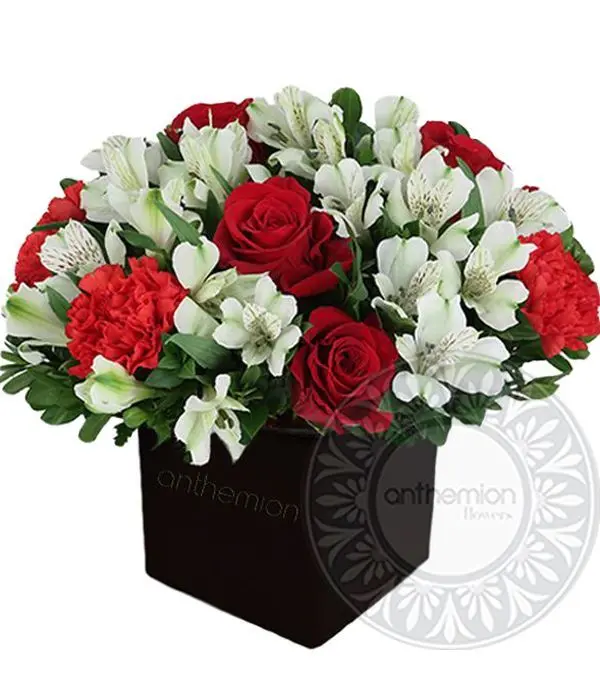 Cube with alstroemerias and roses
