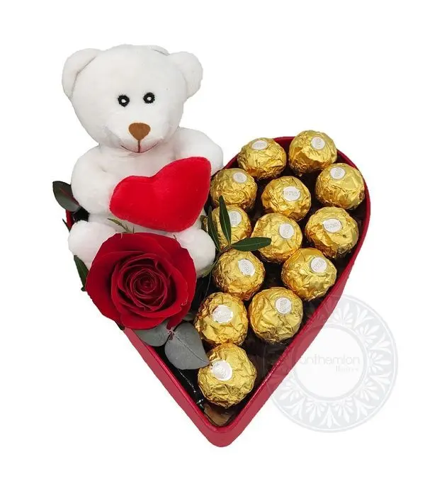 Heart base with rose, chocolates and teddy bear