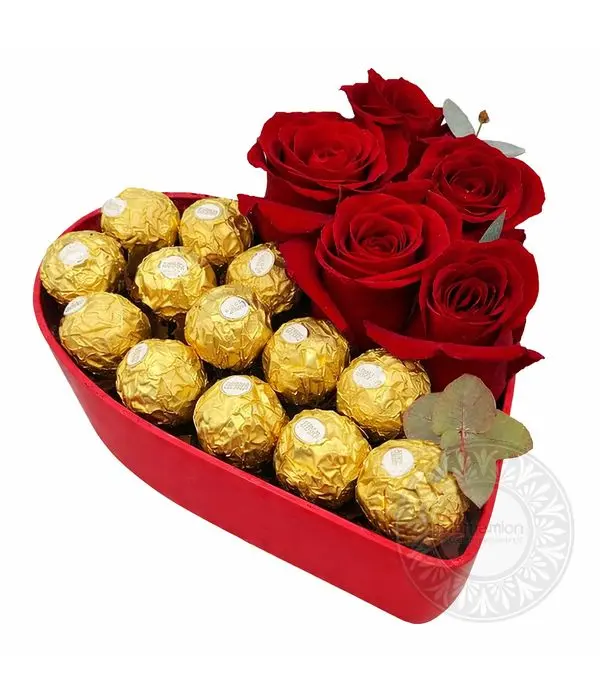 Heart base with roses and chocolates