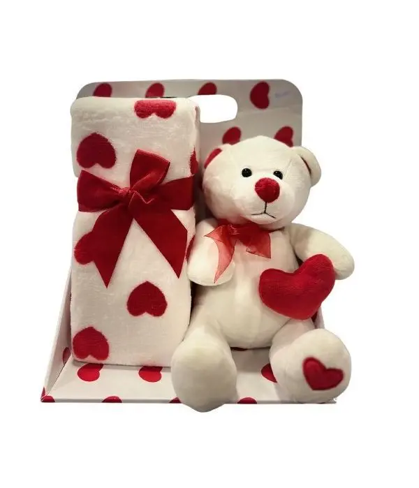 Teddy bear heart with heart fleece blanket 90x75cm
