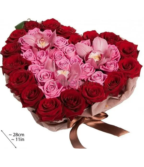 Red and pink heart with roses and orchids