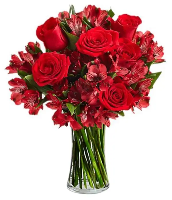 Eros with red alstroemerias and roses (Basic)