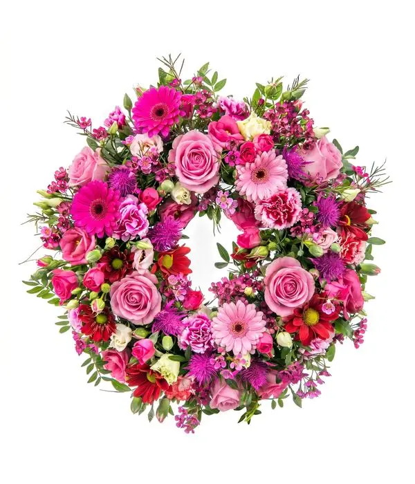 Luxury May Day Wreath "Magenta Bloom" with Roses, Gerberas & Wildflowers