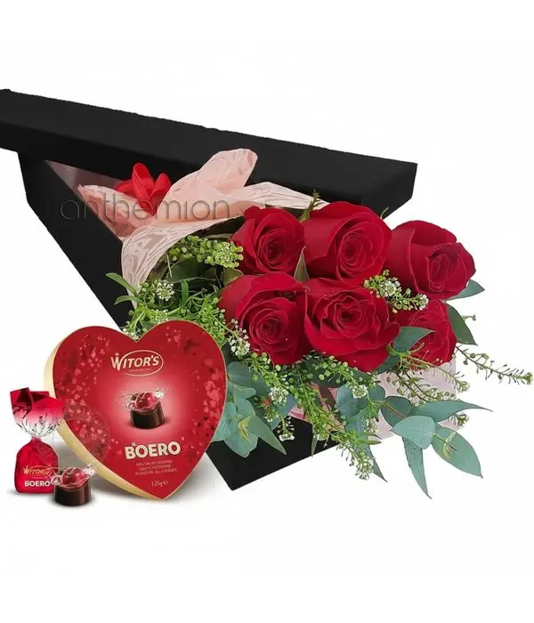 Floral gift box with 6 red roses and chocolates