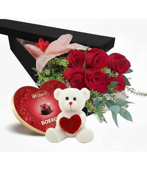 Floral gift box with 6 red roses, chocolates and teddy bear