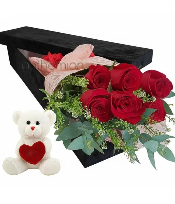 Floral gift box with 6 red roses and a teddy bear