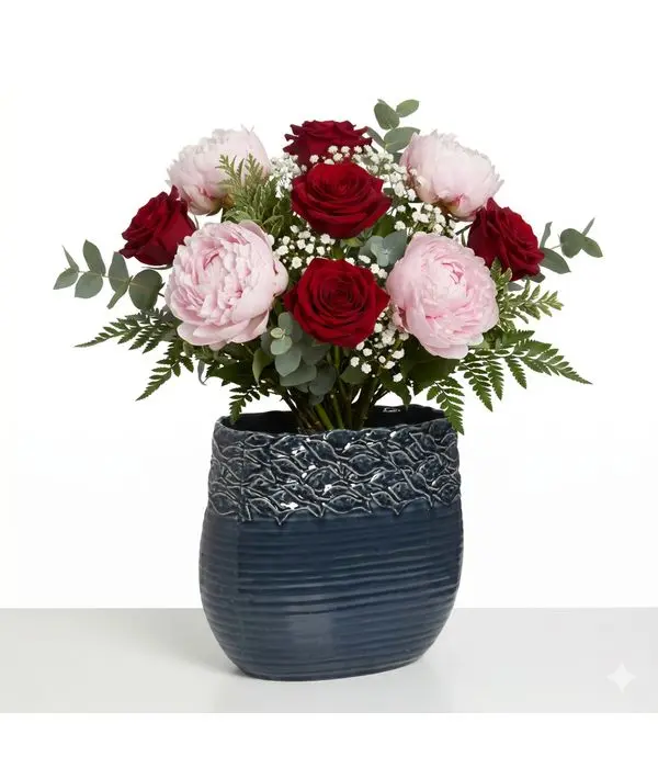 Red Roses & Pink Peonies Bouquet in Navy Blue Ceramic Vase