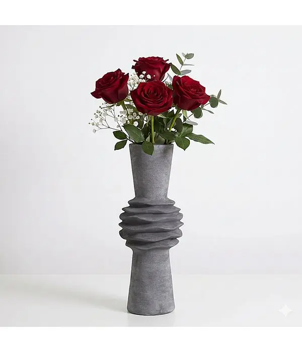 4 Red Roses Arrangement in Tall Sculptural Grey Ceramic Vase