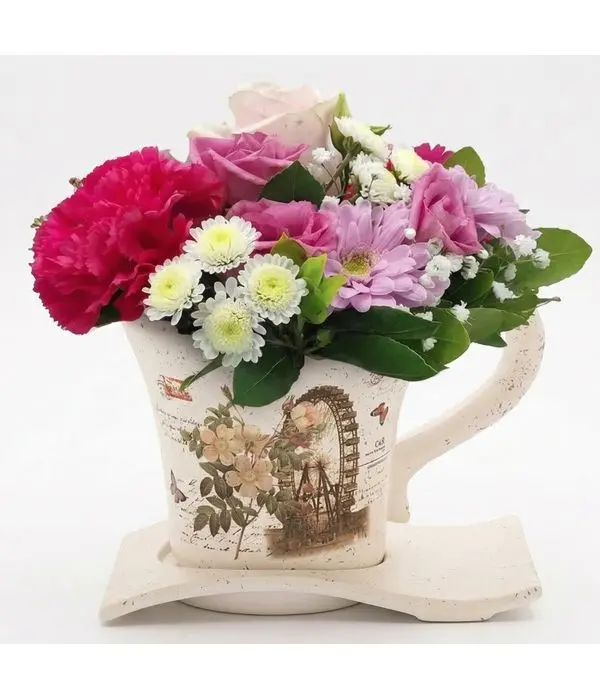 Ceramic mug with roses and alstroemerias