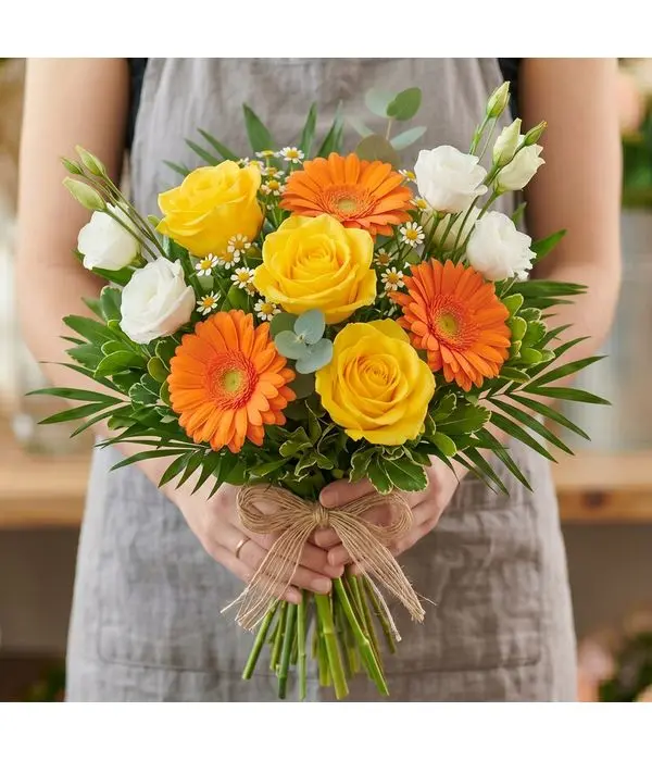 Vibrant Bouquet with Yellow Roses, Orange Gerberas, and White Lisianthus