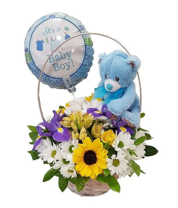 Basket with flowers for baby boy,teddy bear and balloon