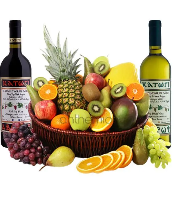 Exotic fruits and 2 bottles of wine in a basket (Basic)