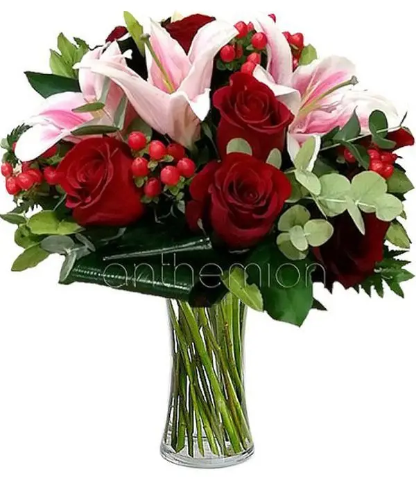 Bouquet with red roses and lilies
