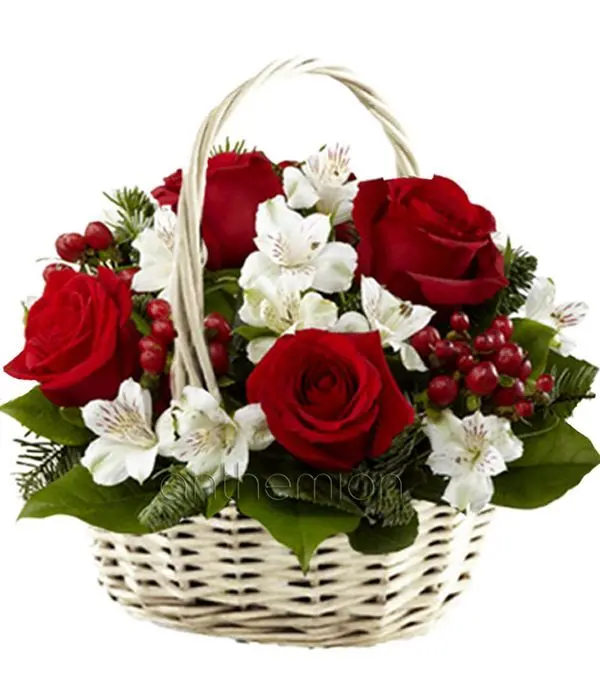 Red and white flowers in basket