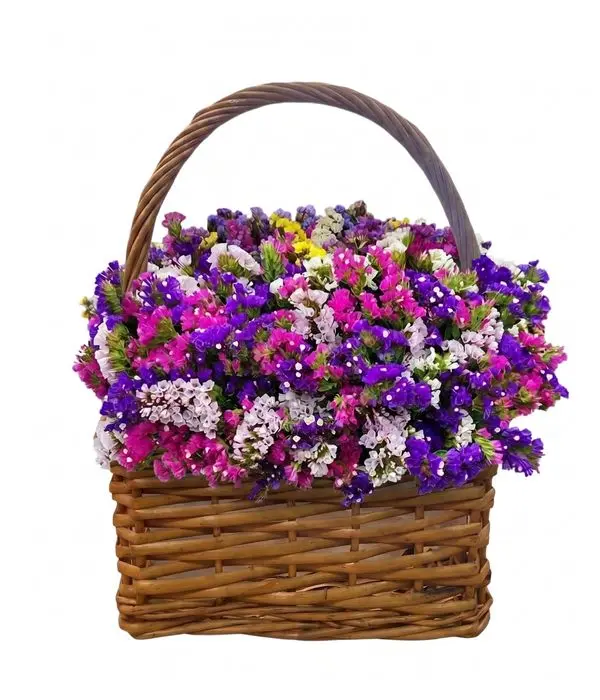 Wicker Basket with Colorful Dried Statice Flowers Arrangement (Boho Style)