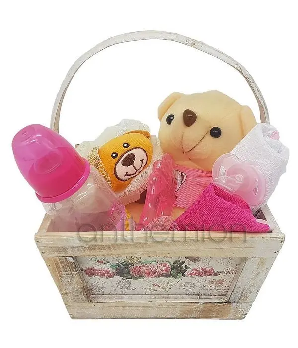 Wooden gift basket for baby girl