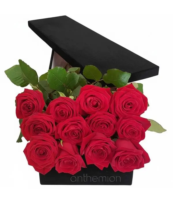 Black flower box with 12 red roses