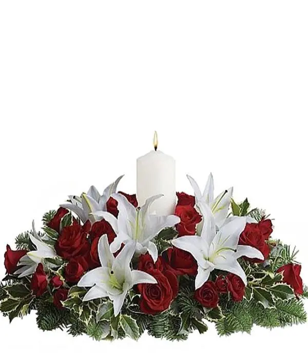 White and red centerpiece with roses and lilies (Basic)