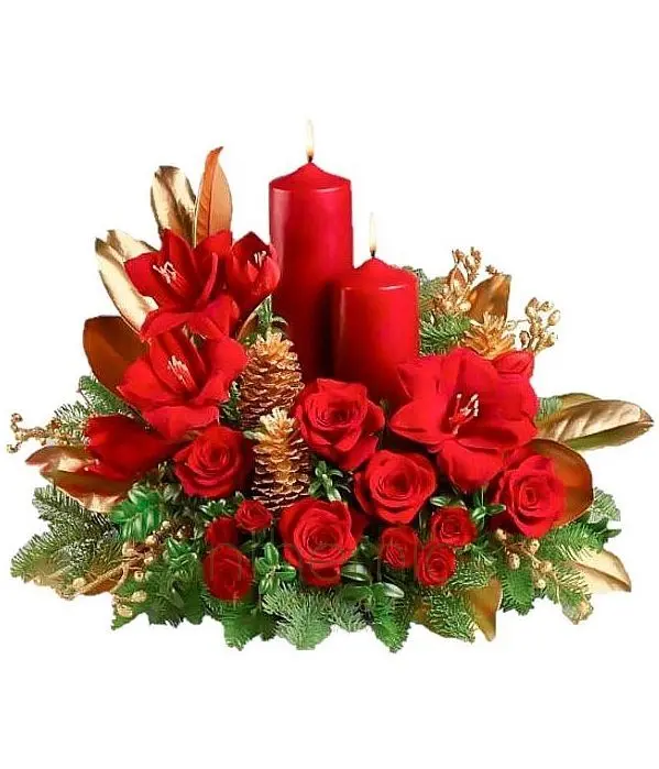 Festive centerpiece of reds, golds and greens (Basic)