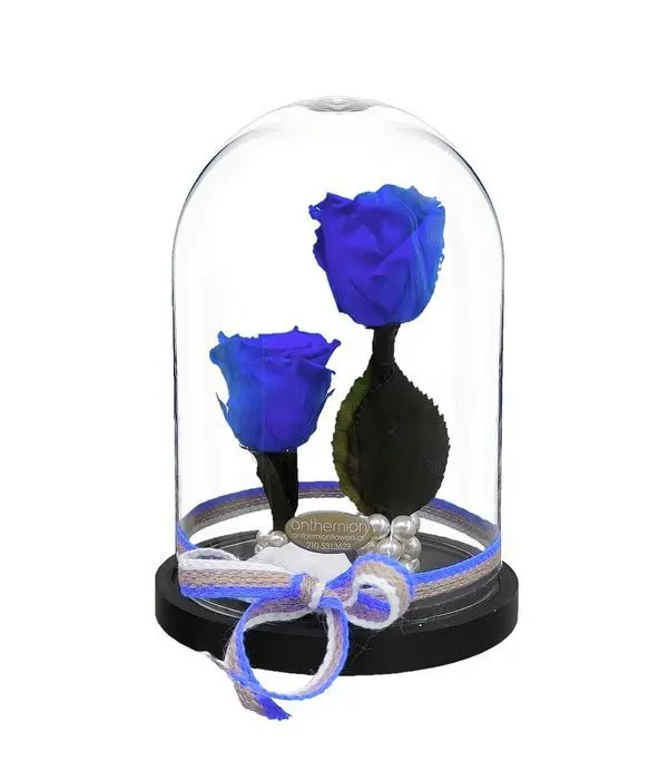 Blue forever roses in wooden arrangement