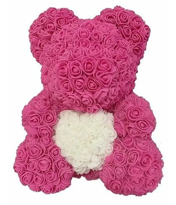 Fuchsia rose teddy bear with heart 40 cm