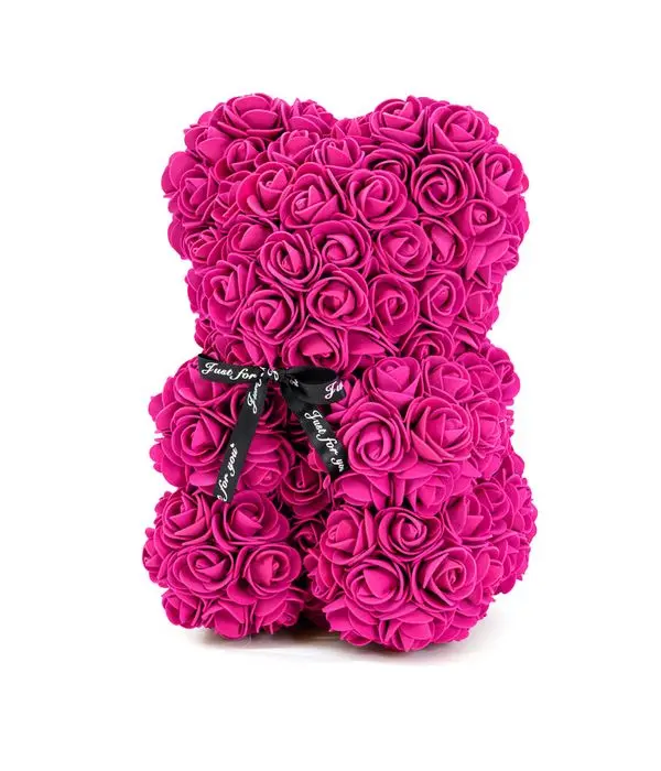 Fuchsia teddy bear with artificial roses 25cm