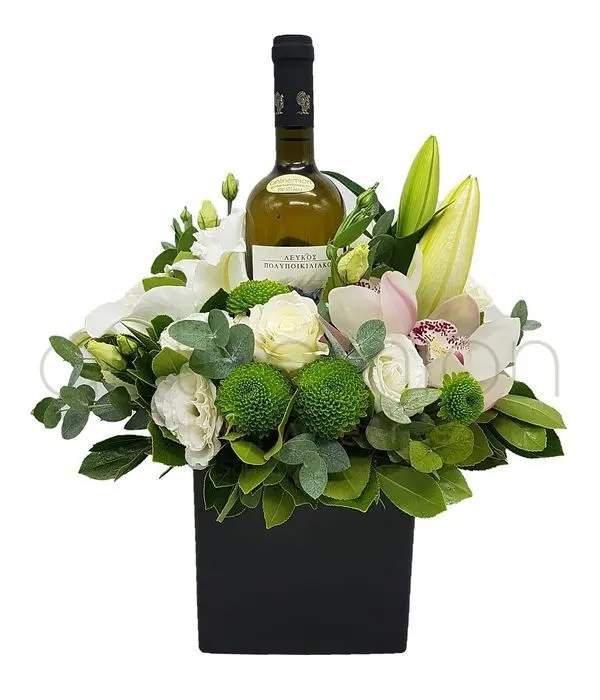 Flowers and wine in black cube (Basic)