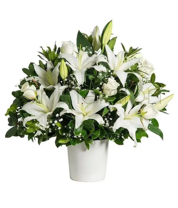 White flower arrangement in ceramic pot (Basic)