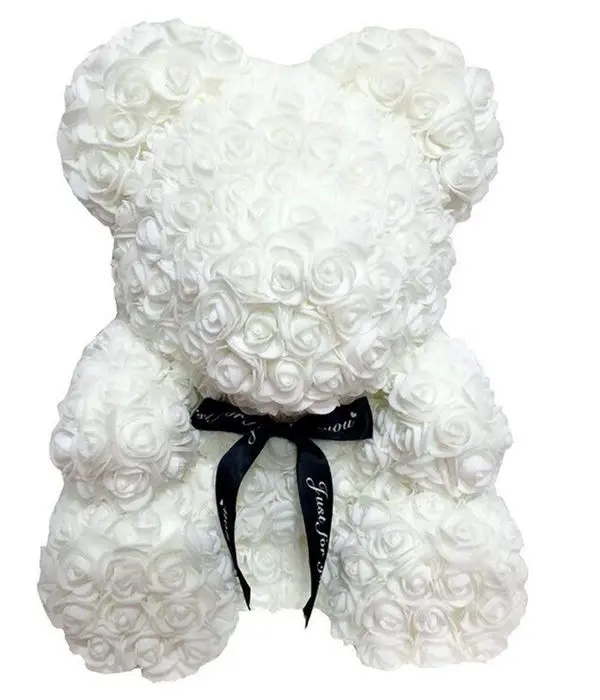 White artificial rose teddy bear 45cm