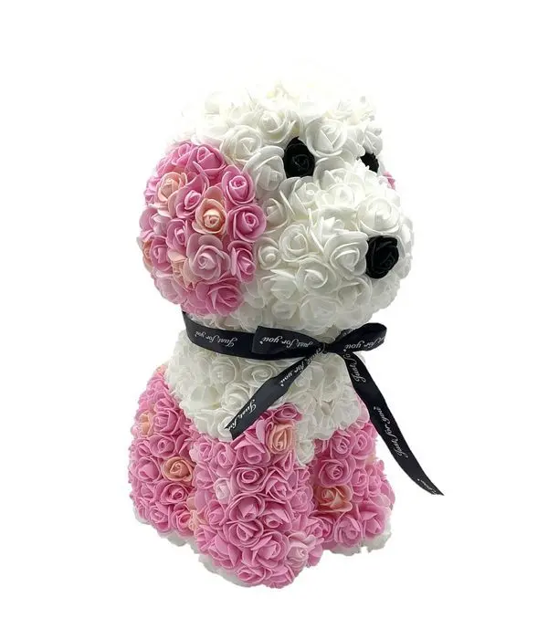 Cute dog of artificial roses