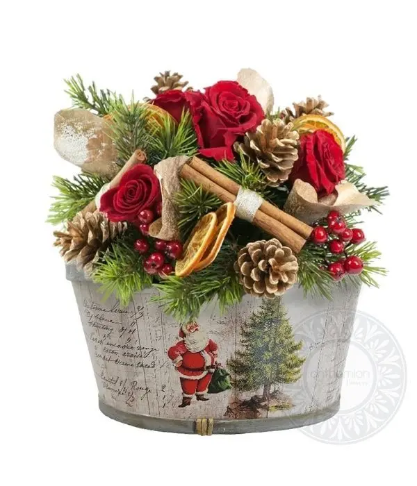 Festive flowers in wooden basket