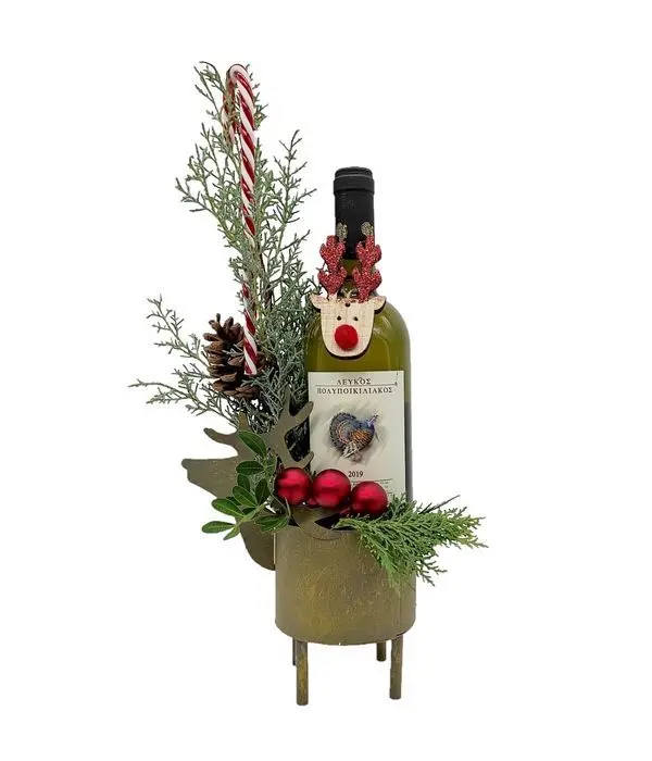 Wine with festive decoration on a metal reindeer