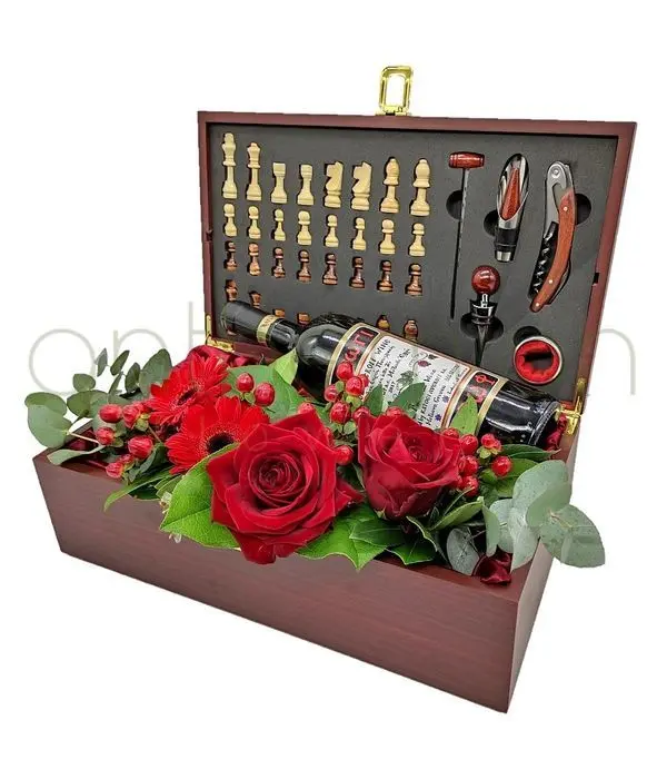 Chestboard with wine accessories and wine